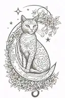 cat sitting on crescent moon surrounded by vines and cancer astrology and stars tattoo design idea