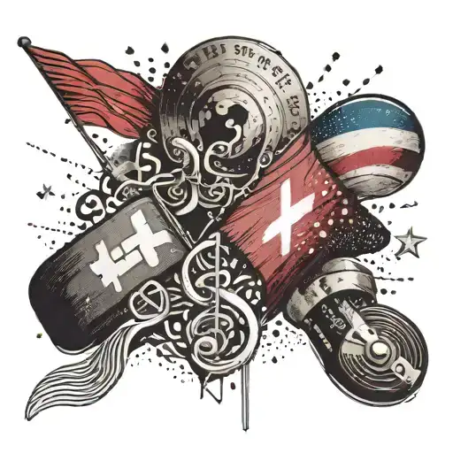 A mix of Swiss and Spanish flags intertwined with sound waves and musical notes tattoo design idea