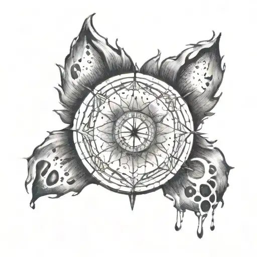 A detailed dotwork tattoo of a wolf's paw print with a compass in the center, symbolizing your passion for hiking and exploring the wilderness tattoo design idea