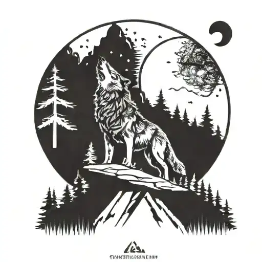 A wolf howling at the moon in a blackwork style surrounded by pine trees and mountains, representing your love for hiking and camping tattoo design idea