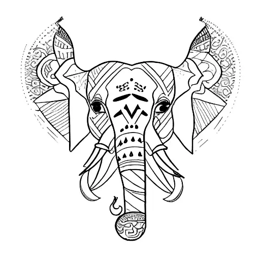 Single continuous line minimalistic tattoo drawing of elephant head from straight on, with some minimalistic India theme tattoo design idea