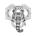 Single continuous line minimalistic tattoo drawing of elephant head from straight on, with some minimalistic India theme tattoo design idea