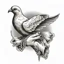 praying hands with rosary beads and a dove flying tattoo design idea