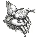 praying hands with rosary beads and a dove flying tattoo design idea