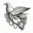 praying hands with rosary beads and a dove flying tattoo design idea