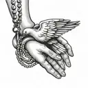 praying hands with rosary beads and a dove flying tattoo design idea