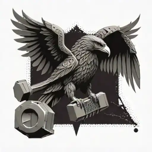A mechanical eagle with geometric wings holding a thor hammer in its talons tattoo design idea