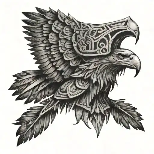 Create a geometric mandala design with elements of Thor's helmet and eagle feathers intertwined tattoo design idea
