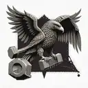 A mechanical eagle with geometric wings holding a thor hammer in its talons tattoo design idea