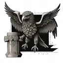 A mechanical eagle with geometric wings holding a thor hammer in its talons tattoo design idea