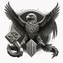A mechanical eagle with geometric wings holding a thor hammer in its talons tattoo design idea