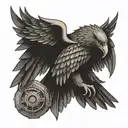 A mechanical eagle with geometric wings holding a thor hammer in its talons tattoo design idea