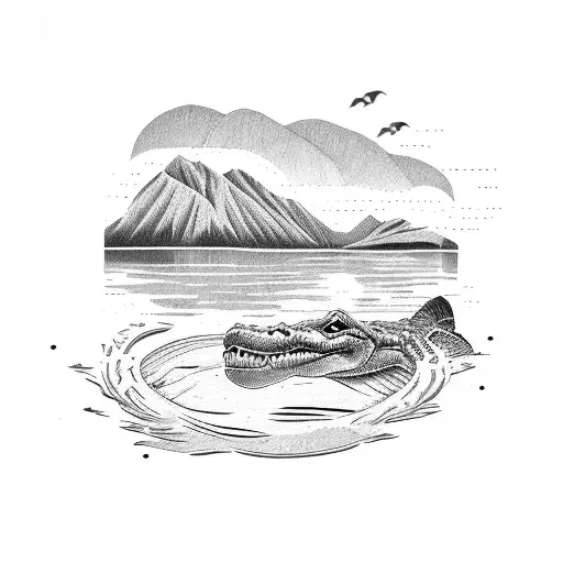 lake, canoe, and alligator tattoo design idea