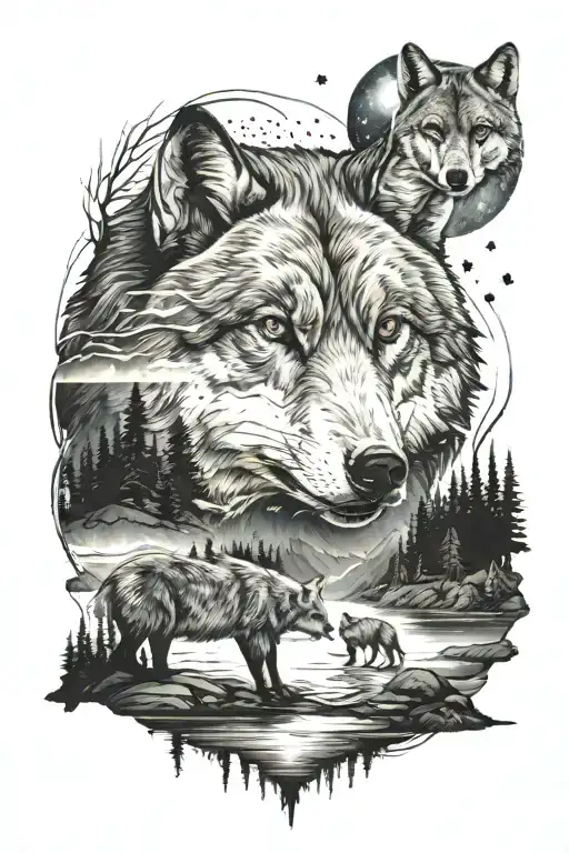 lake, landscape, space, wolf, fox, bear tattoo design idea