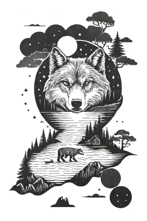 lake, landscape, space, wolf, fox, bear tattoo design idea