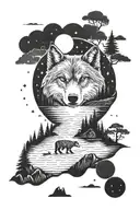 lake, landscape, space, wolf, fox, bear tattoo design idea
