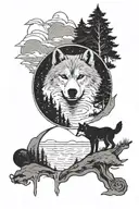 lake, landscape, space, wolf, fox, bear tattoo design idea