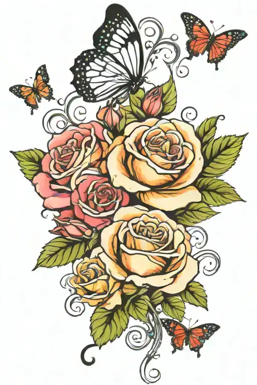 colorful roses and vines that fade into black and white roses and butterfly  tattoo design idea
