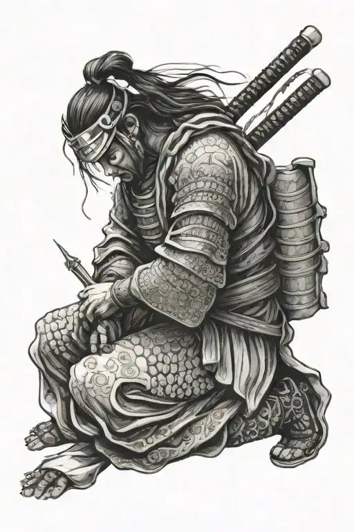 A samurai warrior kneeling in prayer with Jesus standing behind him, symbolizing strength and devotion tattoo design idea