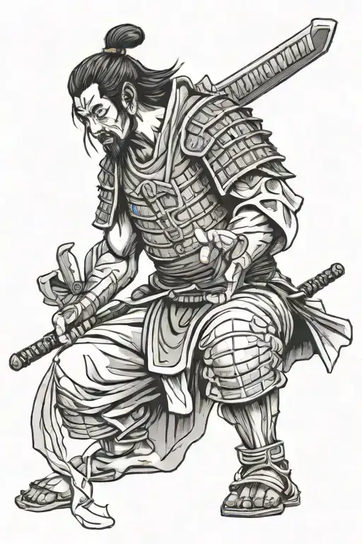 A samurai warrior kneeling in prayer with Jesus standing behind him, symbolizing strength and devotion tattoo design idea