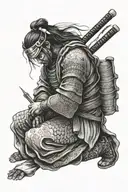A samurai warrior kneeling in prayer with Jesus standing behind him, symbolizing strength and devotion tattoo design idea