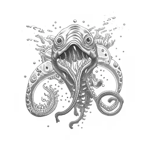deep sea monster theme sleeve with scuba diver tattoo design idea