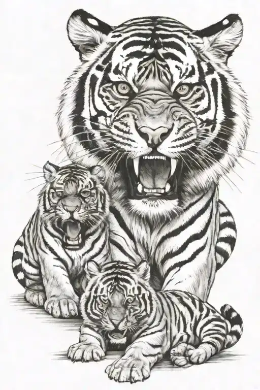Angry  Tiger with 2 baby Tigers  tattoo design idea
