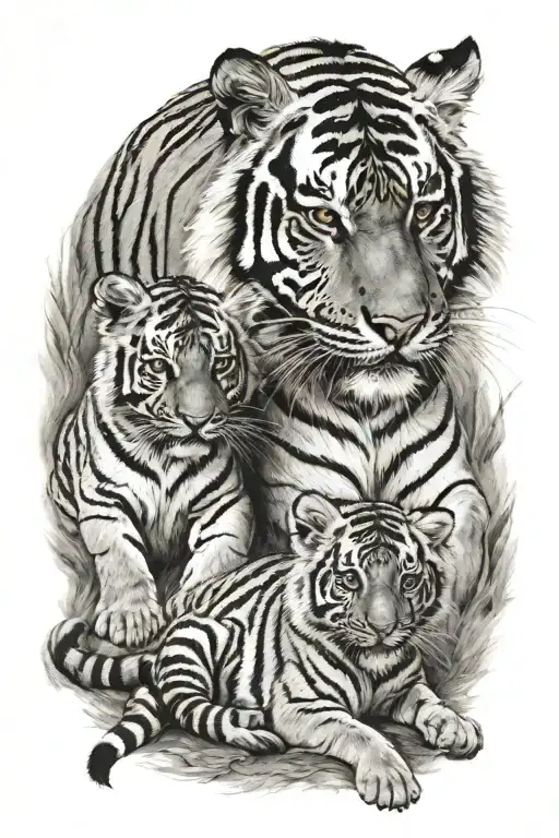 Tiger with 2 baby Tigers  tattoo design idea