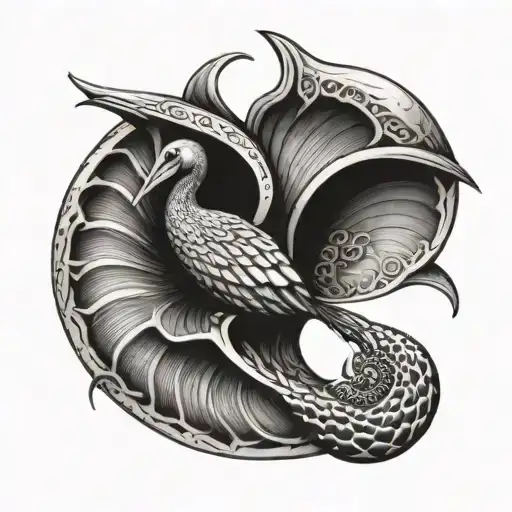 A nautilus shell with a pelican and a cross on top drawn in Polynesian style inside tattoo design idea