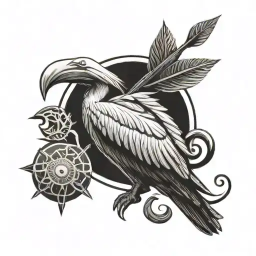 A pelican with a nautilus shell at its feet and a Kanak ridge arrow on the side, in Polynesian style. tattoo design idea