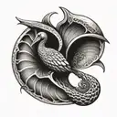 A nautilus shell with a pelican and a cross on top drawn in Polynesian style inside tattoo design idea
