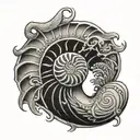 A nautilus shell with a pelican and a cross on top drawn in Polynesian style inside tattoo design idea