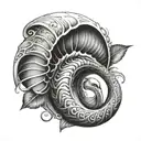 A nautilus shell with a pelican and a cross on top drawn in Polynesian style inside tattoo design idea