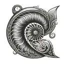 A nautilus shell with a pelican and a cross on top drawn in Polynesian style inside tattoo design idea