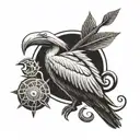 A pelican with a nautilus shell at its feet and a Kanak ridge arrow on the side, in Polynesian style. tattoo design idea