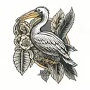 A pelican with a nautilus shell at its feet and a Kanak ridge arrow on the side, in Polynesian style. tattoo design idea