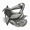 A pelican with a nautilus shell at its feet and a Kanak ridge arrow on the side, in Polynesian style. tattoo design idea