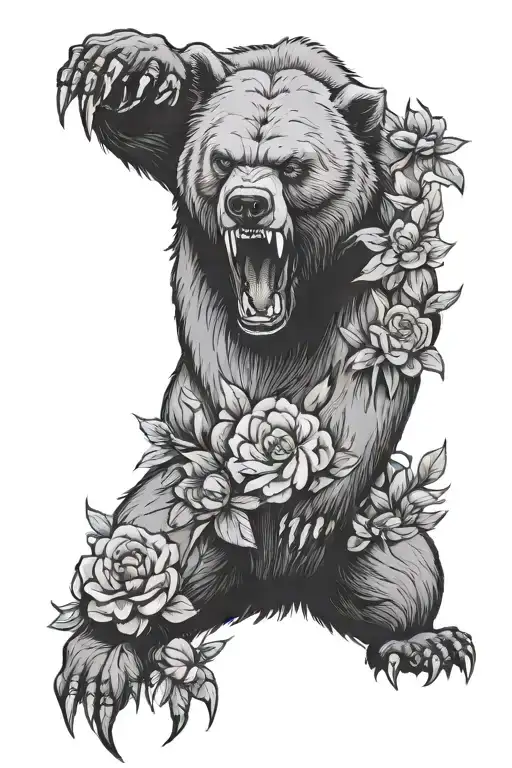 angry bear with mouth open with a big bear claw. flowers around the bear  tattoo design idea