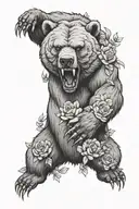 angry bear with mouth open with a big bear claw. flowers around the bear  tattoo design idea