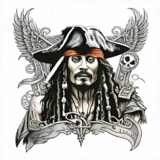 A portrait of Johnny Depp as Captain Jack Sparrow from Pirates of the Caribbean, surrounded by pirate-themed elements tattoo design idea
