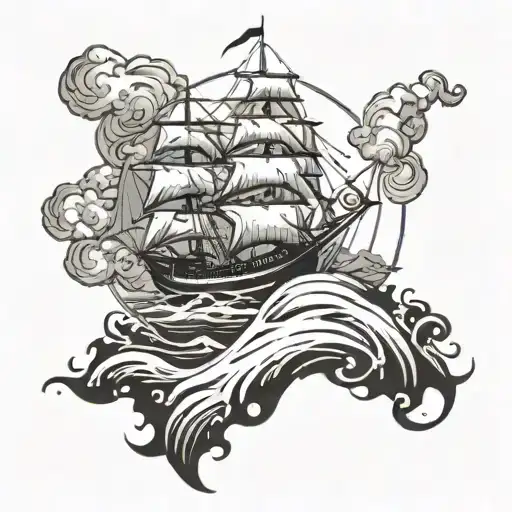 upside down ship with sea and sun above the ship sailing tattoo design idea
