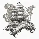 upside down ship with sea and sun above the ship sailing tattoo design idea