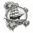 upside down ship with sea and sun above the ship sailing tattoo design idea