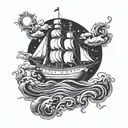 upside down ship with sea and sun above the ship sailing tattoo design idea