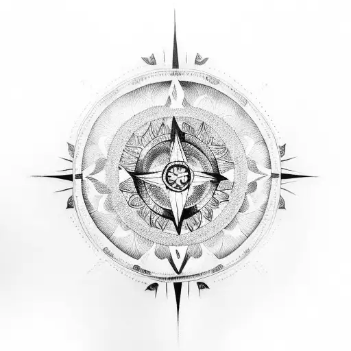 A sleeve tattoo combining elements of Buddhism, Zen, a compass, scales, a large oak tree, and family birth dates or GPS coordinates tattoo design idea