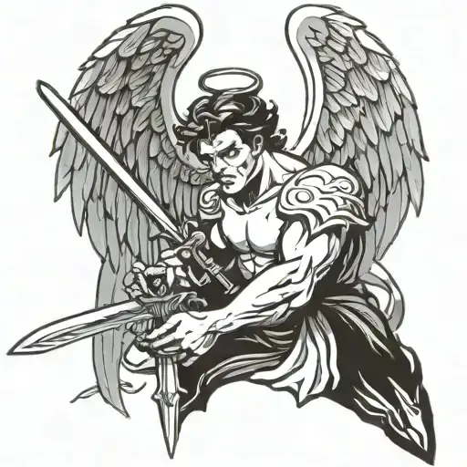 angel with sword killing devil tattoo design idea