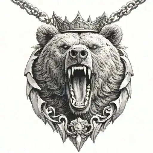 Bear roaring with crown and cross necklace  tattoo design idea