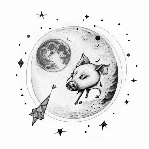 A detailed full moon, a cartoon piglet wearing a crown at its base, a bright shooting star crossing the moon, and vibran tattoo design idea