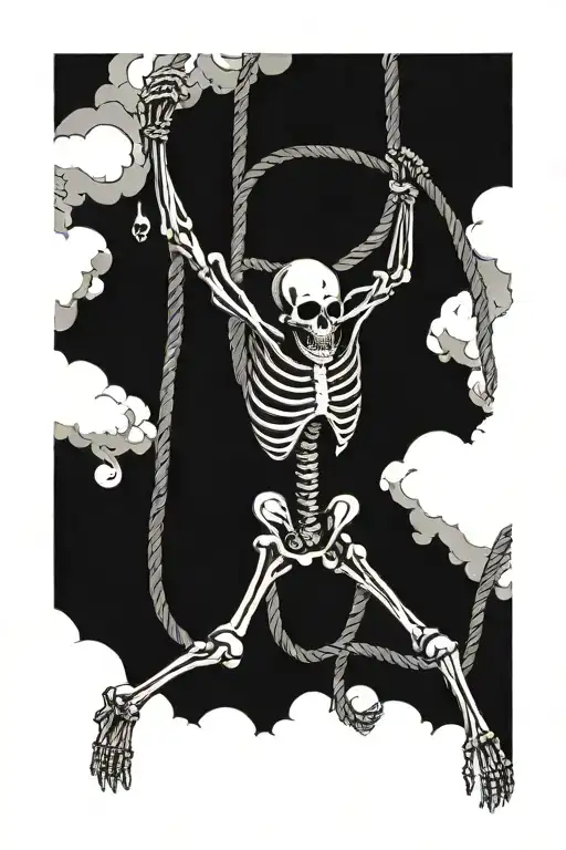 skeleton hanging from noose with middle finger tattoo design idea