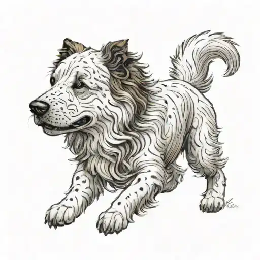 Perro blanco y marron con manchas con pelo largo tattoo design idea